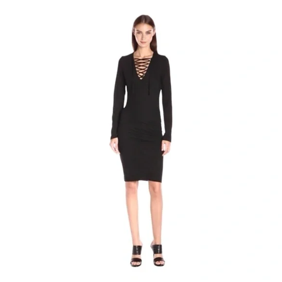 Pam & Gela Lace up Ruched Black Dress Long Sleeves - Picture 2 of 15